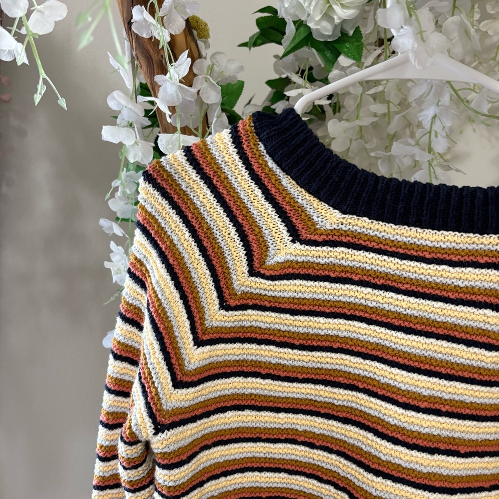 Madewell Arden V-Neck Striped Sweater - Navy, Cream, Brown - 100% Cotton - Picture 6 of 7